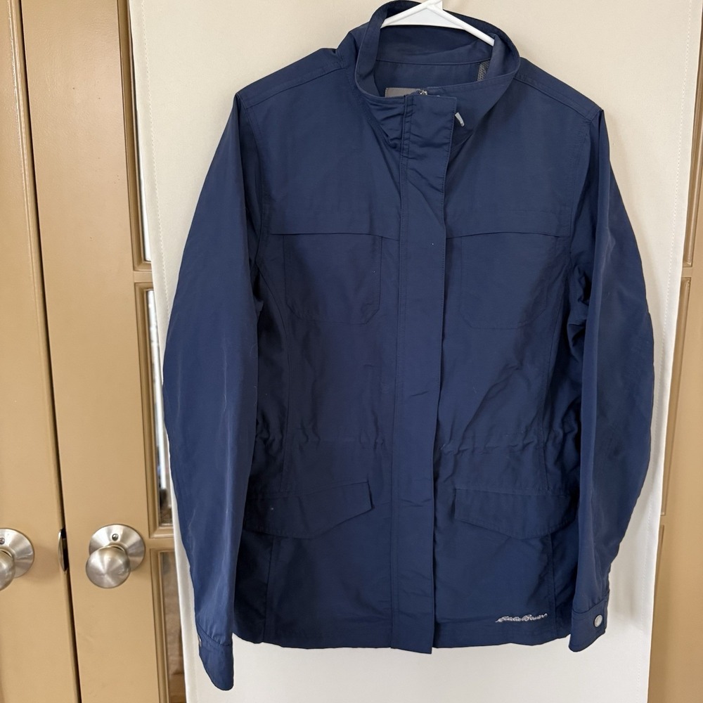 Eddie Bauer Womens Large Navy Blue Utility Jacket‎ Pockets Zip Up Coat